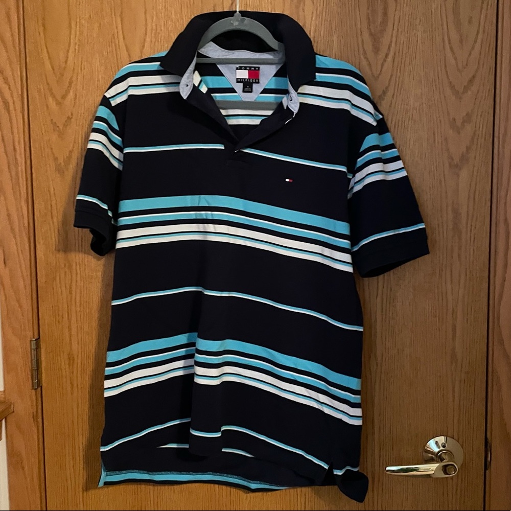 Men’s Blue Striped Tommy Hilfiger Polo T-Shirt, Size: Medium